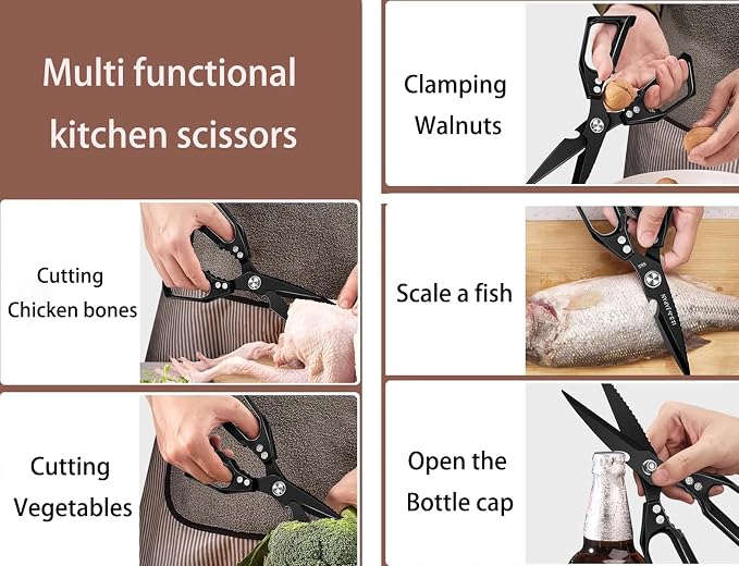 Heavy Duty Rust Proof Multi-Purpose Kitchen Shears(Black) | Suitable for Chicken, Fish, Steak and Vegetables. Built-In Fish Scaler & Bottle Opener, Dishwasher Safe.