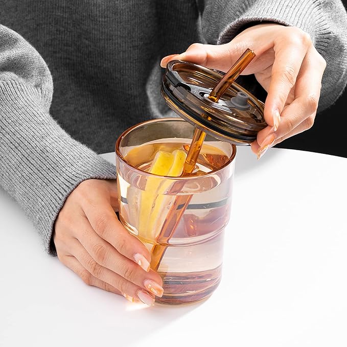 BLUEPOLAR 13oz/400ml Glass Tumbler Water Cup with Straw and Lid, Sealed Carry on for Coffee, Iced Tea, Thick Wall Insulated Amber 2-Pack