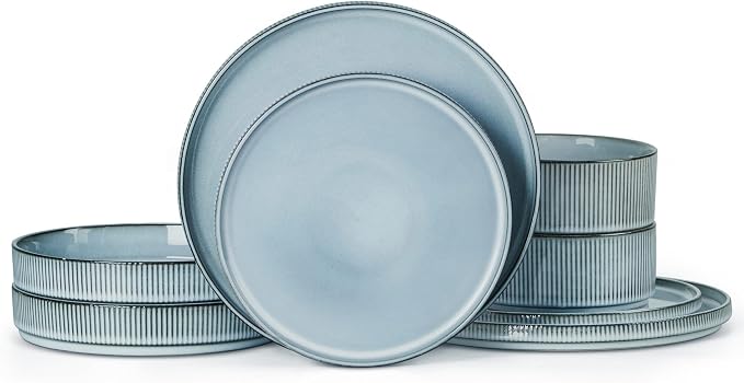 LIANYU Dinnerware Plates and Bowls Dishes Set, 8 Piece Elegant Stoneware Sets with Pasta Bowls for 2, Modern Ribbed Ceramic Dining Ware for Restaurant Wedding, Dishwasher Safe, Slate Blue