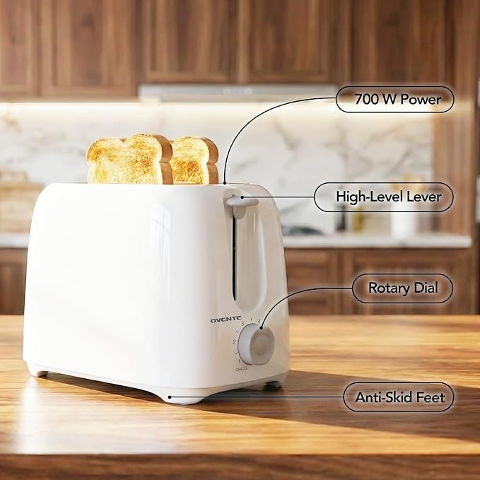 OVENTE Electric 2 Slice Toaster Machine 6-Shade Setting, White TP2210WGY | Compact Design and Removable Crumb Tray, 700W Power Perfect for Toasting Bread, Thin Bagels and Waffles
