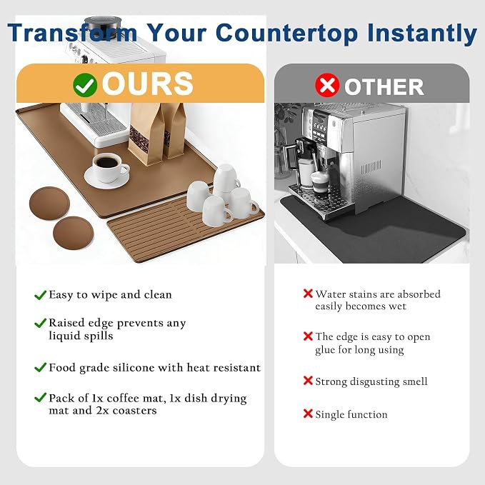 Mrcrypos Silicone Coffee Station Mat with Rasied Edges 16x24 Inch, Brown | Anti-Slip, Heat-Resistant, Spill-Proof, Bar Mat for Most Countertop & Espresso Machines, under Coffee Maker/Dish Rack