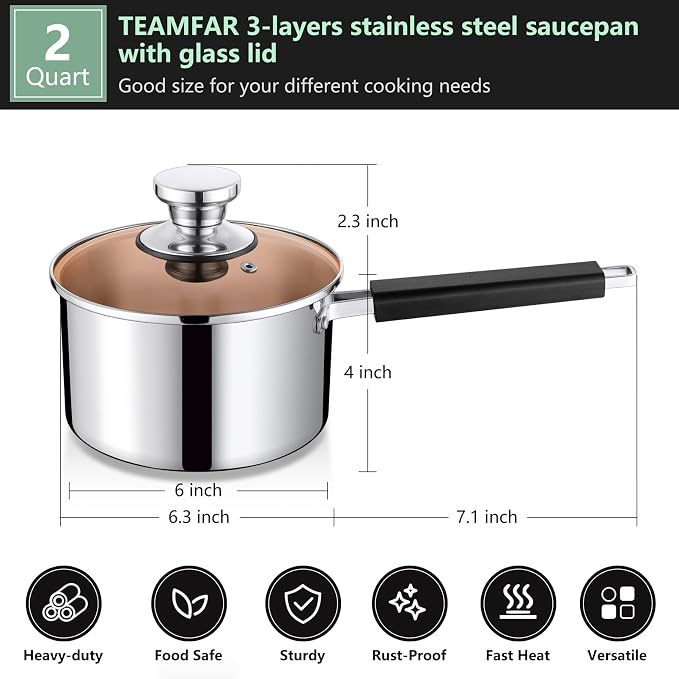 TeamFar Saucepan with Lid, 2 Quart Stainless Steel Tri-Ply Sauce Milk Pan | with Heatproof Handle for Cooking/Boiling/Braising, Fit for All Stoves, Healthy & Heavy Duty, Dishwasher Safe