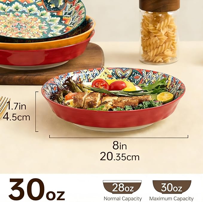 Ceramic Pasta Bowls Set of 6-8 inch 30 oz Serving Bowls, Colorful Dinner Bowls for Soup,Salad, and Pasta, Kitchen, Microwave, Dishwasher Safe, mexican, Bohemian Style
