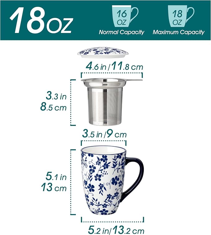 vancasso SELENE Porcelain Tea Mug, 18 oz Porcelain Tea Cup with Infuser and Lid Steeps Loose Leaf Tea, Microwave & Dishwasher Safe, Five-Leaf Clover