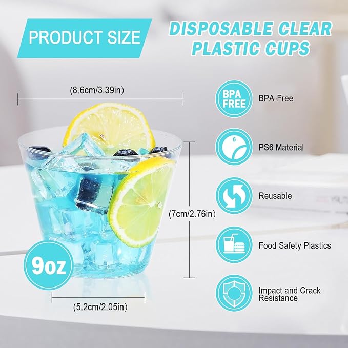 BYSNOW 50 Pack 9 oz Clear Plastic Cups, Disposable Plastic Cocktail Cups | Disposable Heavy Duty Clear Drinking Cups, Hard Punch Plastic Wine Glasses Cups for Party, Wedding, Home, Soda, Juice