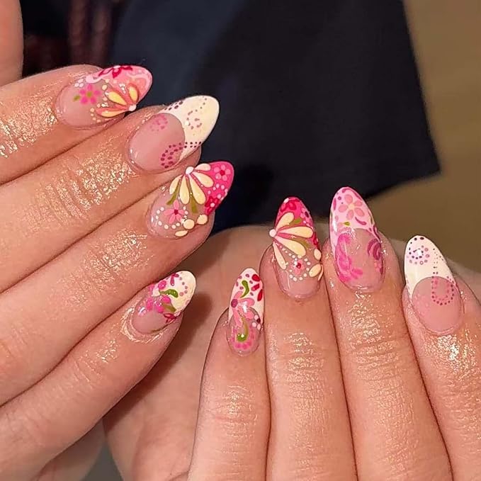 24Pcs French Tip Press on Nails Medium Almond Floral Fake Nails Colorful Flower & Dot Design False Nails Reusable Glossy Glue on Nails for Women Spring Summer Nail Decoration