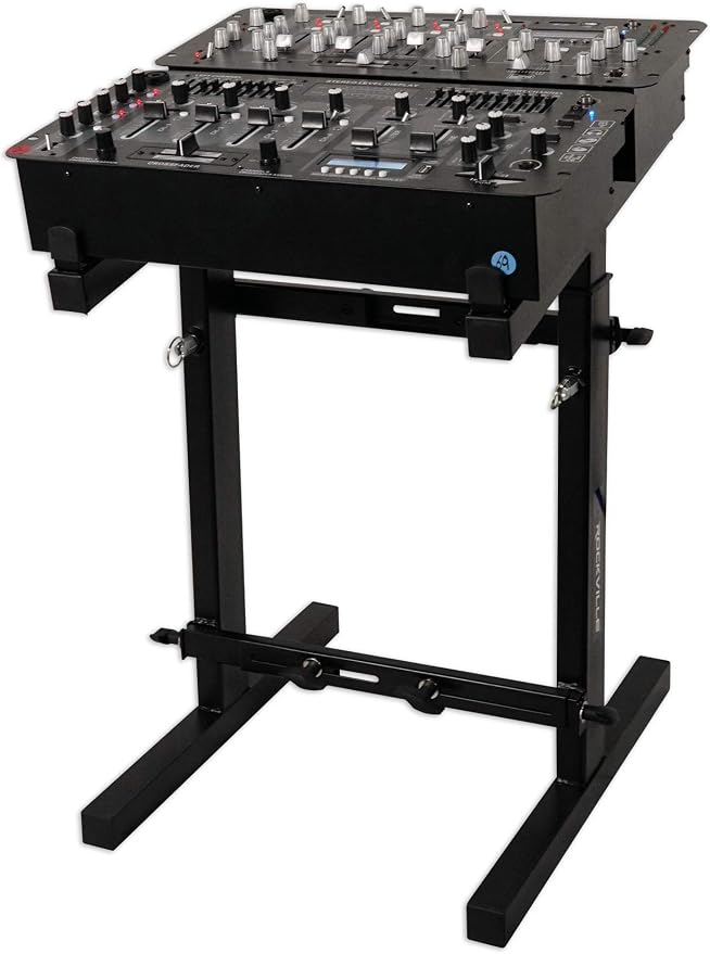 Rockville RXS20 Portable Mixer Stand - Folds Flat - Adjustable Height & Width! | Heavy Duty, 300 lb Capacity, All-Steel, Collapsible, Universal, Soft Padding, Rubber Feet, Fits DJ Controllers and Keyboards