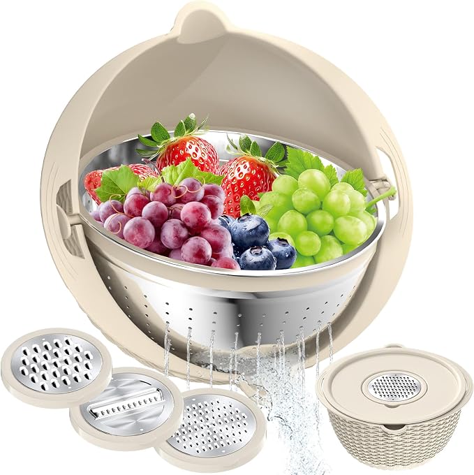 4-1 Colander with Bowl Set, Food Strainers and Colanders, Fruit Washing Bowl with Strainer, Rotatable Colander for Kitchen, Aesthetic Kitchen Gadget, Christmas & New Year Gifts - Beige