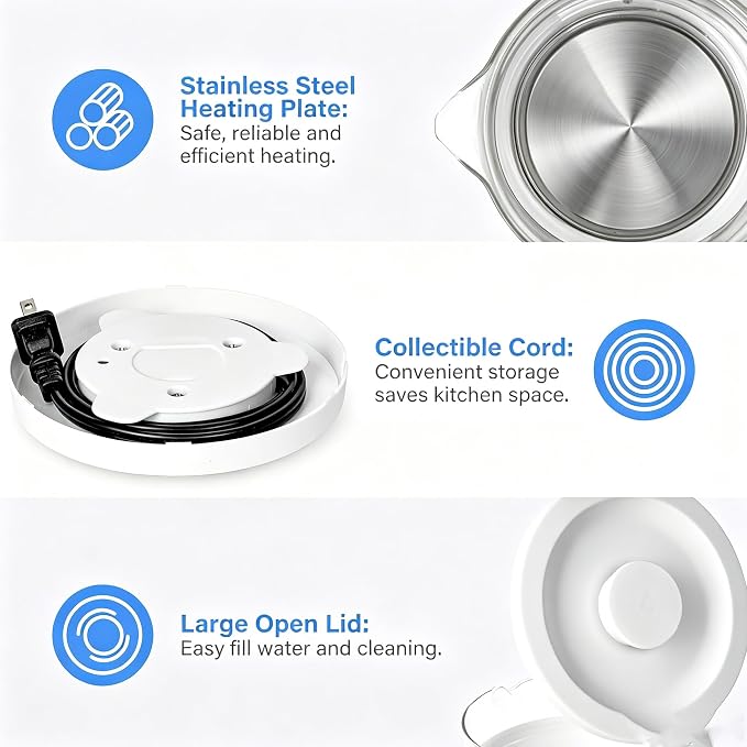 1.8L Glass Electric Kettle for Tea and Coffee, White | 1000W Rapid Boil Hot Water Kettle, Auto Shut-Off, 360°Swivel Base, Easy Cleaning, BPA Free