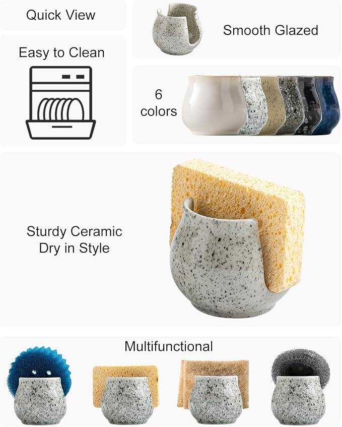 Zoeeker Sponge Holder for Kitchen Sink, Ceramic Dish Sponge Rack Sink Caddy | Kitchen Organizer Cute Scrubby Caddy Brush Holder Kitchen Storage Accessories Drying Holder for Countertop, Speckled Glaze