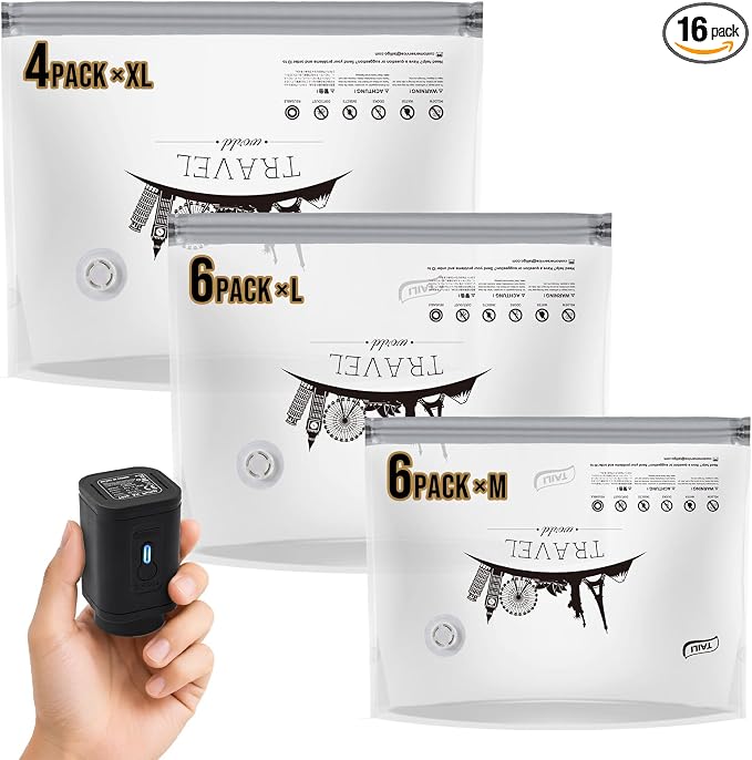 TAILI Vacuum Storage Bags with Rechargeable Pump, 16 Pack(6M+6L+4XL) | Vacuum Seal Bags for Clothing, Travel Compression Packing Bags for Luggage, Blankets, Comforters