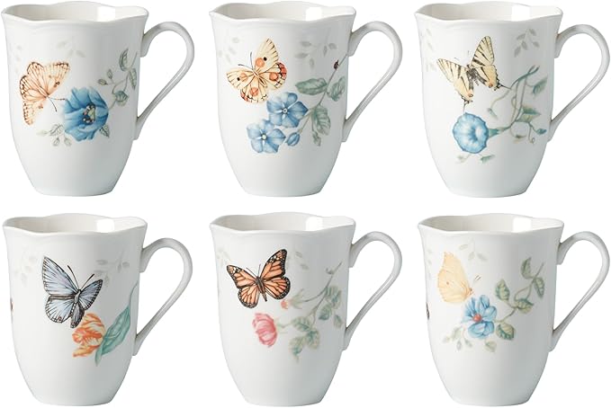 Lenox 892798 Butterfly Meadow 6-Piece Mug Set | dishwasher safe, microwave safe | floral design | coffee mug gift for coffee lovers | 12oz, gift for women