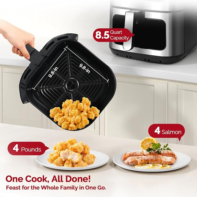 8.5QT Digital Air Fryer, XL Stainless Steel Oven for Family Meals | FAMILY SIZE: Large capacity air fryer for 4-8 people; PFAS-free coating, healthy & fast cooking，effortless dishwasher clean.