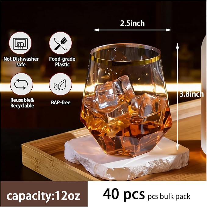 CHLJAR 40 Pack 12oz Stemless Plastic Wine Glasses, Clear Gold Rim Unbreakable Drinkware, Elegant Cups for Champagne Whiskey Cocktails, Weddings Parties Home Bars, Indoor Outdoor, Gifting Daily Use