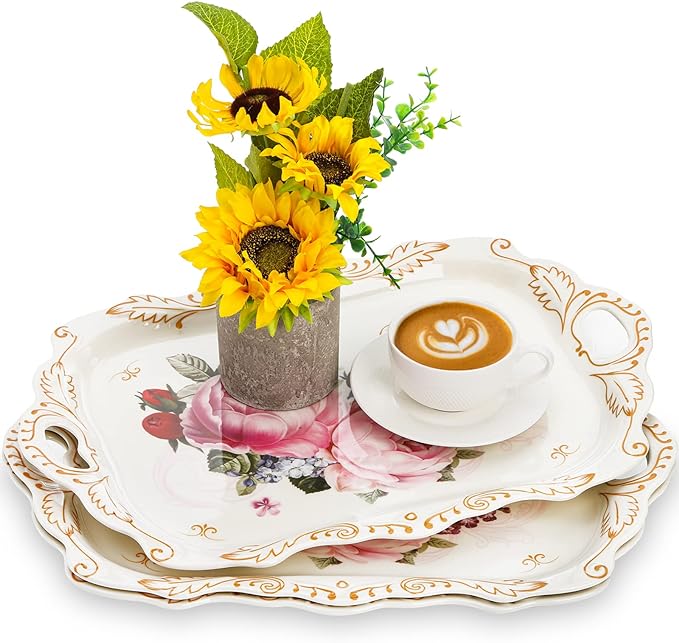 3-Pack Melamine Serving Tray, Stackable Food Tray with Handles for Eating, Unbreakable Large Serving Platter with Floral Print for Gift, Party, Decor, Home, Restaurant, 16"L x 11"W, Rectangle