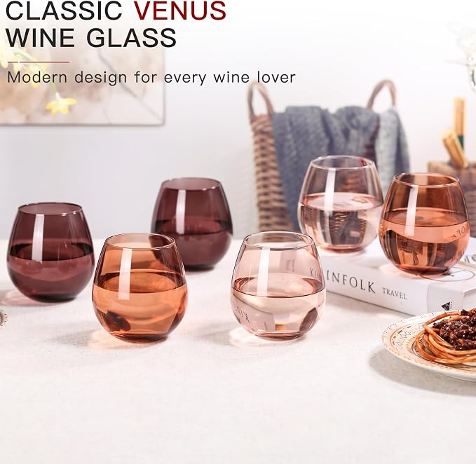 Venus Stemless Wine Glasses Set of 6-15 oz -Modern Hand-Blown Wine Glasses, European Design Crystal Glass For Red & White Wine, Unique Gifts for Wedding, Birthday (Venus)