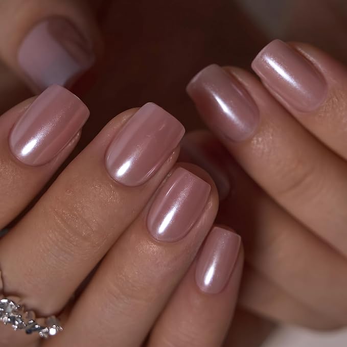 CurvLife Short Square Fall Press On Nails, Pink Pearl Clean Girl, Acrylic | 32PCS, 16 Sizes, Salon-Quality Natural Fake Nails, Curved Fit, 7-14 Day Glue-On Wear, Reusable Stick-On Nails, Press-On Kit