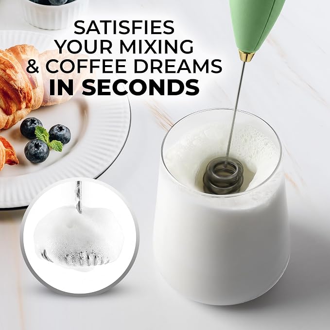 Zulay Kitchen Powerful Milk Frother Wand With Duracell Batteries - Ultra Fast Handheld Drink Mixer - Electric Whisk Foam Maker for Coffee, Lattes, Cappuccino & Matcha - Triple Whisk - Olive Gold