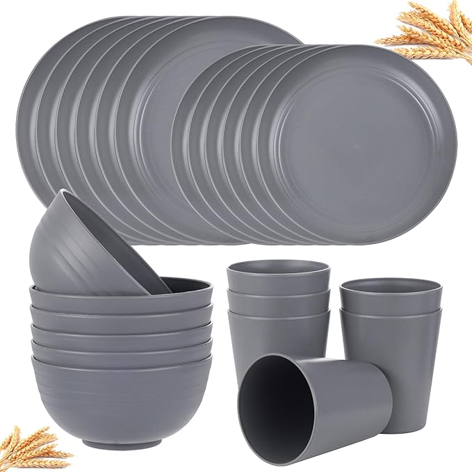 24 Pcs Dark Gray Wheat Straw Dinnerware Set Plates Bowls Cups | Lightweight Shatter-Resistant Reusable Sustainable Dishware For Daily Kitchen Meals Outdoor Patio Dining And Holiday Parties