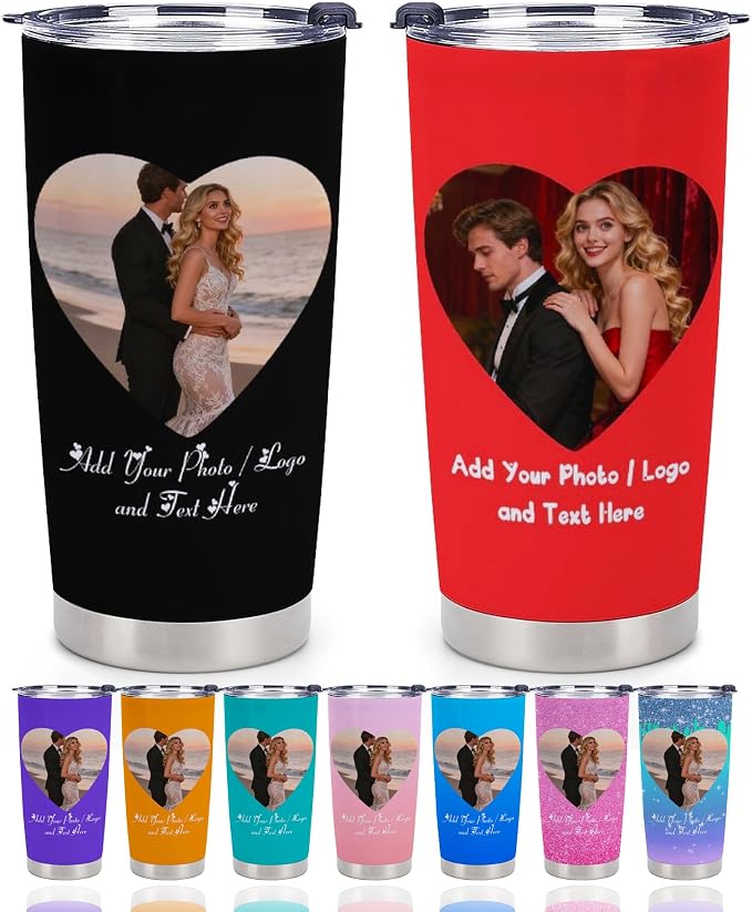 Personalized Tumbler Custom Vacuum Insulated Travel Mug Customizable Coffee Cup with Your Photos and Text Christmas Birthday Gift (2 Heart Photos+Text)
