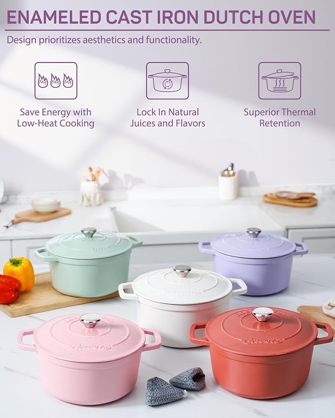 Enameled Cast Iron Dutch Oven – 6 Quart Pot with Lid & Potholders – Heavy-Duty Cookware for Bread Baking, Braising, Stews & Roasting – Oven & Stovetop Safe up to 500°F – Purple