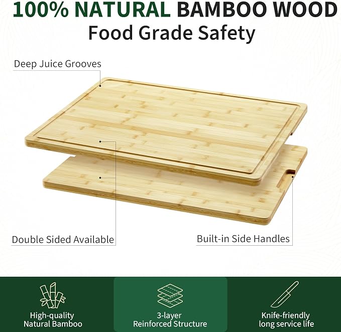 24"X18" Bamboo Cutting Boards for Kitchen, Extra Large Wood Cutting Board with Deep Juice Groove & Handle