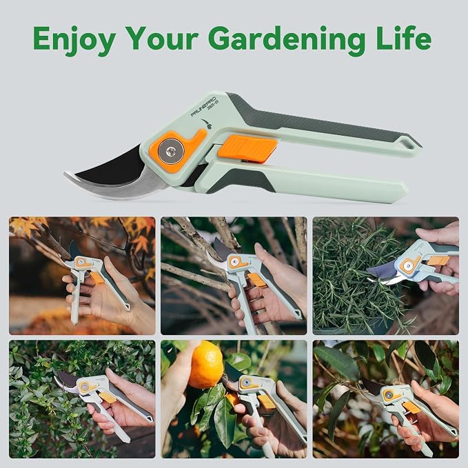 PrunePro 8" Professional Pruning Shears for Gardening Bypass Hand Pruner Stainless Steel Sharp Garden Scissors Plant Flower Rose Garden Clipper Green & Orange