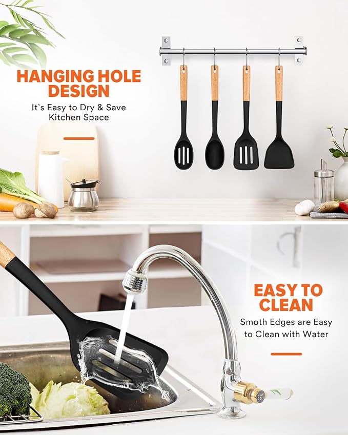Silicone Cooking Utensils Set, Safe for Nonstick Cookwares, Black | Perfectly Angled for Frying, Mixing,Serving,Draining,Turning and Stirring, BPA-Free Matte Silicone, Wood Handles,4 Pack