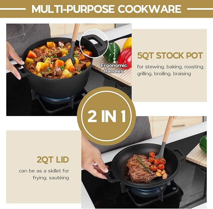 TeamFar 5qt Dutch Oven, Pre-seasoned Cast Iron for Bread Baking, Black | 2-in-1 Bread Pan with Skillet Lid, Oven & Stovetop Safe for Baking Frying Stewing Grilling, Home Use Or Outdoor Camping