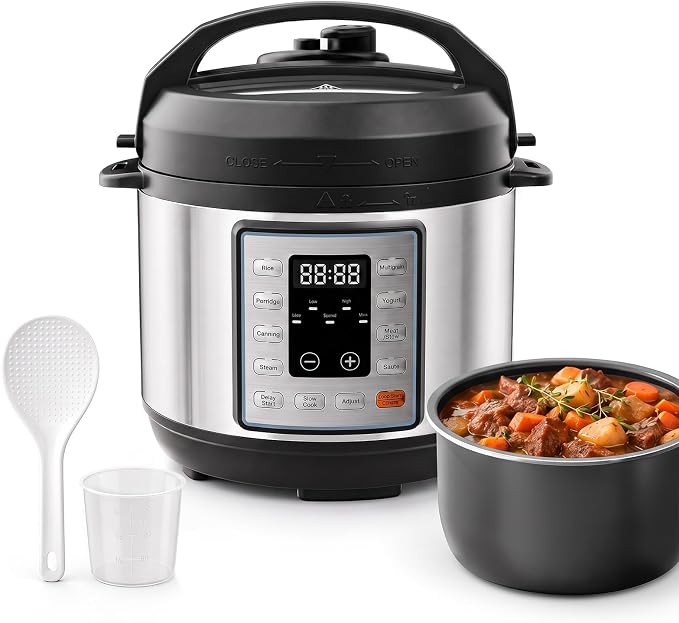 10-in-1 3QT Electric Pressure Cooker for Rice and Stews | Ceramic Nonstick Inner Pot, One Touch Controls, Keep Warm Mode, 700W, Stainless Steel Housing, Accessories Included, Silver