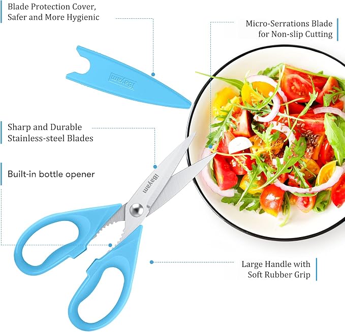 iBayam 2-Pack 8.5" Kitchen Shears, Heavy Duty, Cut Meat, Poultry, Herbs | Sharp Stainless Steel, Comfort-Grip Handles, Cuts Meat, Poultry, Herbs — 2-Pack, Dishwasher Safe, Built-In Bottle Opener