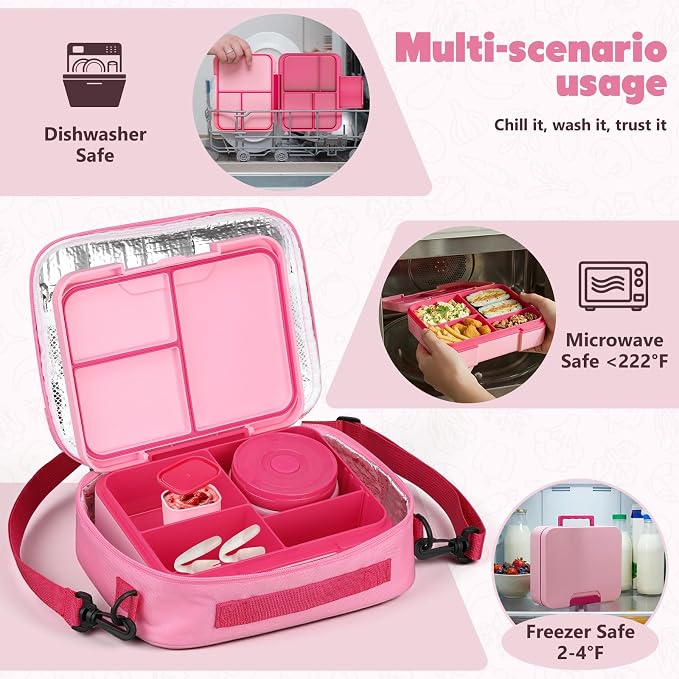 WyfKyd Bento Lunch Box Set with Soup Thermo Food Container for Kids Adults | Bento Box Set with 9.5oz Soup Thermo Kids Leak-proof Lunch Box Container with Insulated Hot Food Jar and Bag for School Pink