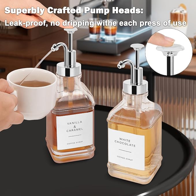 Coffee Syrup Dispenser for Coffee Bar, Clear Glass Syrup Bottles with Pump, Refillable Maple Syrup Storage, Coffee Station Accessories and Organizer, 500ml, Set of 2 (Chrome Finish)