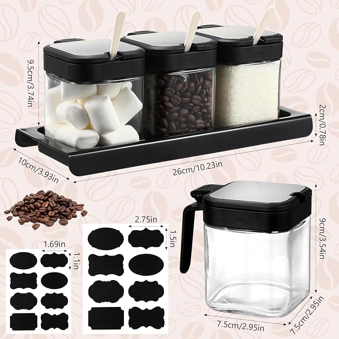3 Pcs Glass Coffee Containers Coffee Station Organizer Set, Airtight Bean Storage Jars with Shelf,labels,spoon, Base and Pen,for Sugar, Candy, Oats, Nuts(Black)