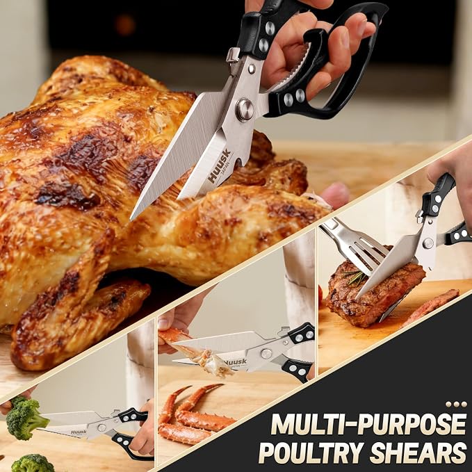 Huusk Kitchen Scissors All Purpose, Multifunction Poultry Shears Heavy Duty | Japanese SK5 Steel Kitchen Shears for Meat, Fish, Chicken Bones, Turkey, Ergonomic Non-Slip Black Handle, Gifts for Women