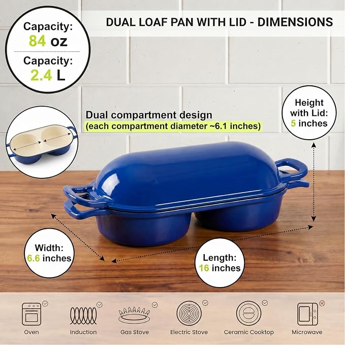 Mini Enameled Cast Iron Bread Loaf Pot with Lid, 6-Inch Double Dutch Oven | For Sourdough Baking, Dual Round Loaf Cavities for Homemade Bread, Cake or Meatloaf, Non Stick, 500°F Oven Safe Blue