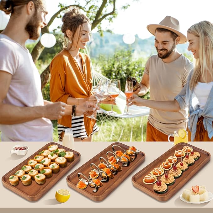 Small Wooden Serving Platter Acacia Charcuterie Boards Wood Tray Home Decor | Cake Cheese Board Rectangle Appetizer Snack Plates Kitchen Dinner Platters for Food Party Rectangular Coffee Dessert Trays