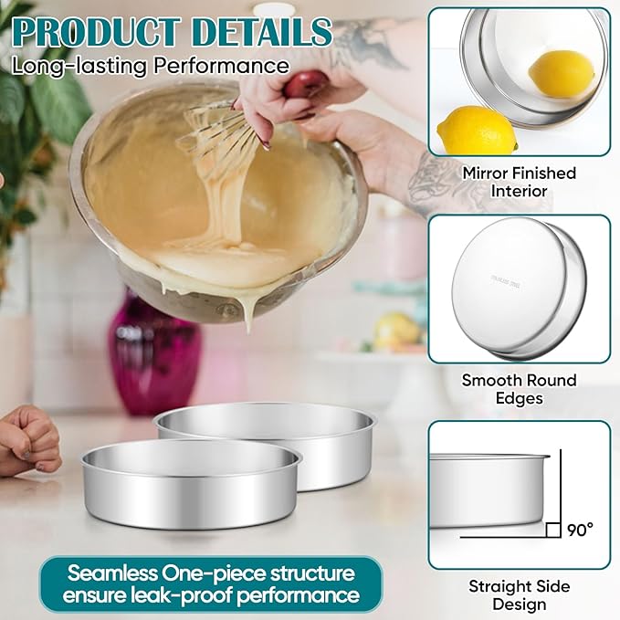 TeamFar 7 Inch Cake Pan Set of 2, Stainless Steel Round Cake Baking Pan | Layer Baking Tin for Birthday Wedding, Non-Toxic & Heavy-Duty, Mirror Finish & Leak Proof, Oven & Dishwasher Safe