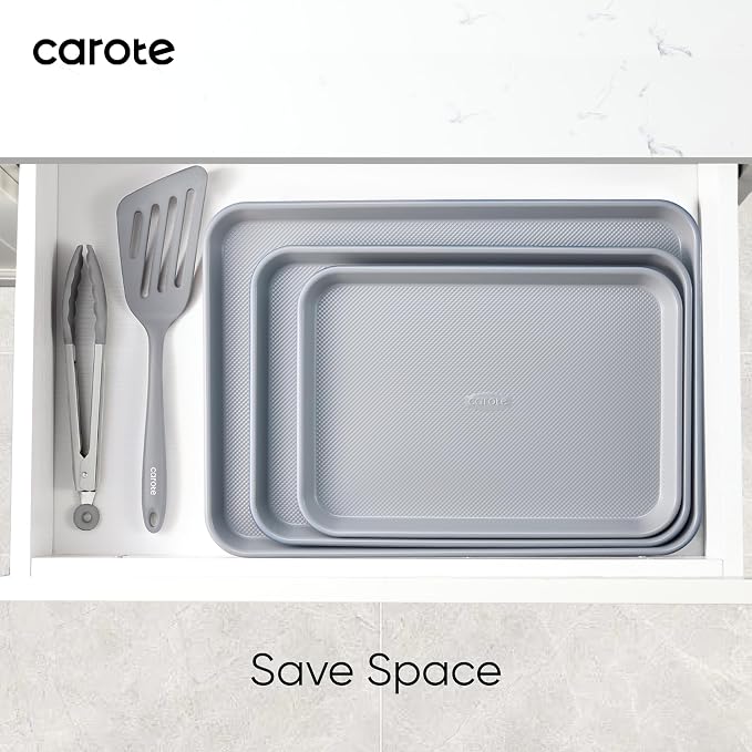 CAROTE 3-Piece Baking Sheet, Nonstick Cookie Sheets, Blue & Grey | 13, 15 & 17-Inch, Carbon Steel Baking Pans Set, Easy-Release, Oven Safe Up to 446°F, Even Heating, PFAS-Free, Space-Saving