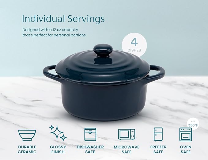 Kook Ceramic Mini Cocotte Set, Small Casserole Dishes with Lids and Handles, Individual Baking Ramekins, Oven safe 350F, Microwave & Dishwasher Safe, Stoneware, 12 oz, Set of 4, (Navy)