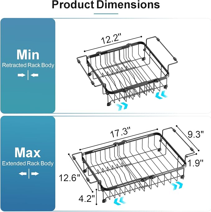 Dish Drying Rack Over the Sink - Expandable Rust-Resistant Drainer | Twist-Lock Adjustment, Removable Utensil Holder, Handles with Non-Slip Beads, Space-Saving for Kitchen Apartment, RV
