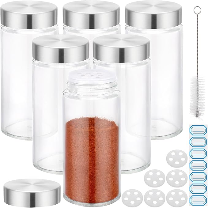 Segarty 4oz Spice Jar with Stainless Steel Shaker Lids, 6 PCS 120ml Round Glass Jars with Labels, Clear Seasoning Containers Spices Organization for Cabinet, Empty Bottles with 7 Stickers and 1 Brush
