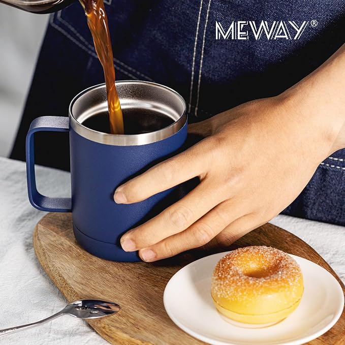 MEWAY 12oz Coffee Mug With Handle 2 Pack Bulk,Stainless Steel Insulated Travel Tumblers With Sliding Lid,Double Wall Vacuum Camping Cup for Hot & Cold Drinks (Navy Blue, 2)