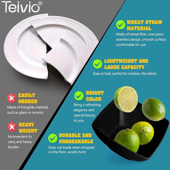 Teivio 32-piece Plastic Wheat Straw Square Dinnerware Set for 8, Unbreakable Dinner Plates, Salad Plates, Snack Bowls, Tumblers, Dishwasher Safe, Outdoor Kitchen Dinning RV Essentials Dish, Black