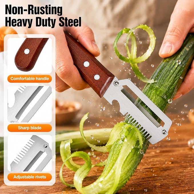 1PCS Multifunctional Vegetable Peeler with Wooden Handle & Bottle Opener | Premium Single Blade Food Peeler & Scallion Shredder Tool for Potato, Carrot, Pumpkin, Papaya, Kitchen Utensils (1 Pack)