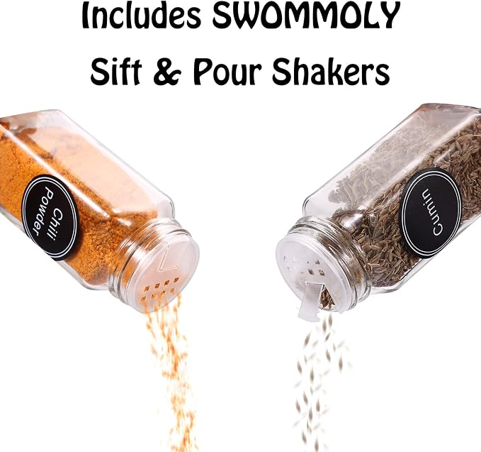 SWOMMOLY 66 Pcs 4 oz Glass Spice Jars with Shaker Lids and 703 Spice Labels | Empty Spice Containers with Airtight Lids, Chalk Marker, Funnel - Square Seasoning Bottles for Spice Racks, Cabinets, Drawers