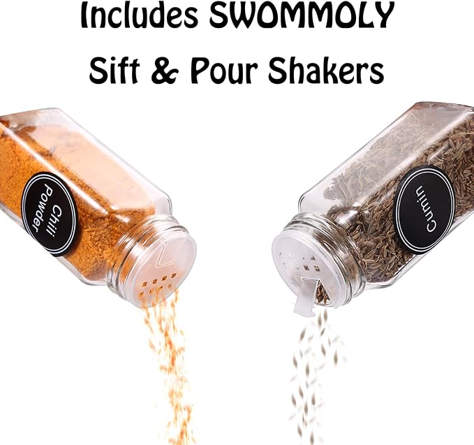 SWOMMOLY Spice Rack Organizer with 18 Spice Jars 4 oz, 396 Spice Labels | Chalk Marker, Funnel Set, Spice Organizer for Cabinet, Countertop, Pantry, Cupboard & Wall Mount, 11.2" W × 9.9" H, Black