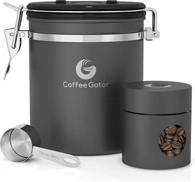 Coffee Gator Coffee Canister, 16oz Airtight Containers & Travel Jar | w/ Date Tracker, Scoop, Valve Kitchen Food Storage Jars for Beans, Ground, Rice, Tea, Sugar, Cookie, Bar Accessories, Gray
