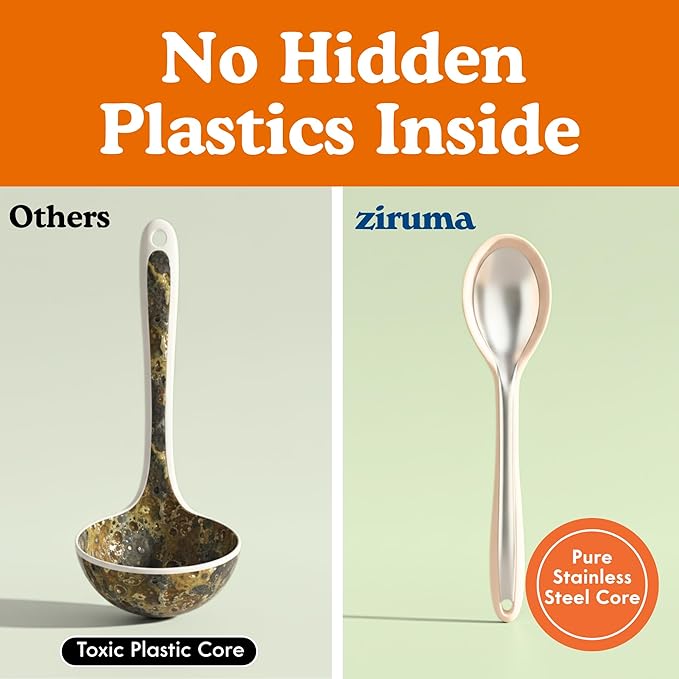 NonToxic Platinum Silicone Utensils, 100% Plastic-Free, 8-Pcs, Beige | LFGB-certified platinum silicone. Solid steel core, no hidden plastics. 500°F heat resistant. Non-scratch. Dishwasher safe