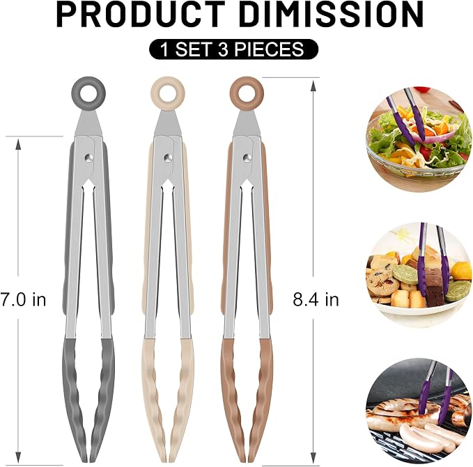 Hotec Mini Silicone Kitchen Tongs for Cooking - 7-Inch Small Serving Tongs with Silicone Tips, Set of 3 (Neutral Color)